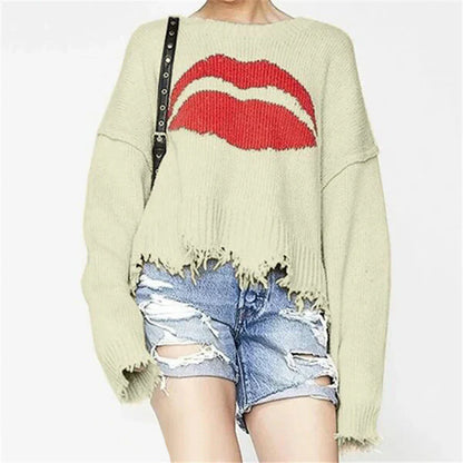 Women's Sweater – Oversized Fit – Chunky Knit – Lip Print – Fringe Hem