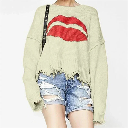 Women's Sweater – Oversized Fit – Chunky Knit – Lip Print – Fringe Hem