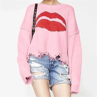Women's Sweater – Oversized Fit – Chunky Knit – Lip Print – Fringe Hem
