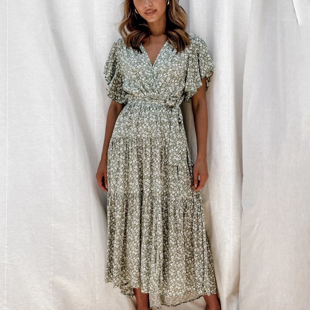 Women's Maxi Dress - Floral Print - Wrap Design with V-Neck - Short Flutter Sleeves - High Slit
