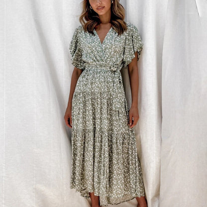 Women's Maxi Dress - Floral Print - Wrap Design with V-Neck - Short Flutter Sleeves - High Slit