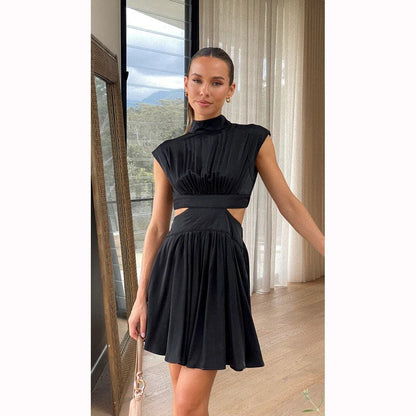 Dress for Women – Midi Fit & Flare – High Neck – Short Sleeves – Cut-Out Details