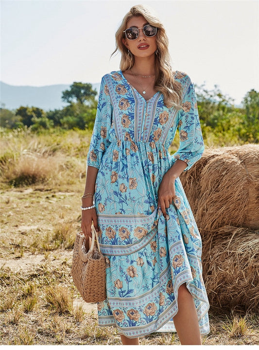 Women's Dress Midi – Relaxed Fit – V-Neck – Floral Print – Breathable Fabric