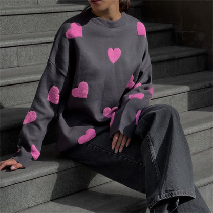 Women's Sweater – Knitted Oversized Fit – Heart Pattern – Long-Sleeved Casual