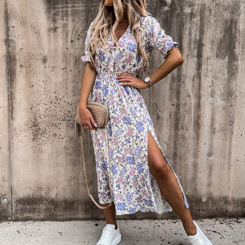 Women's Midi Dress - V-neck - Short Puff Sleeves - Fitted Waist - Floral Print