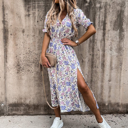 Women's Midi Dress - V-neck - Short Puff Sleeves - Fitted Waist - Floral Print