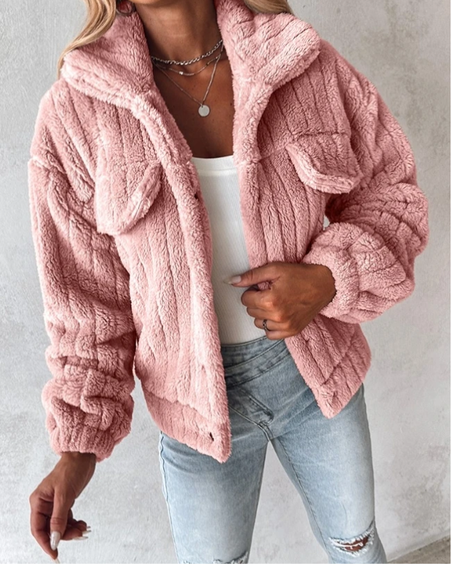 Women's Teddy Jacket – Oversized Fit – Soft Texture – Buttons – Relaxed Style