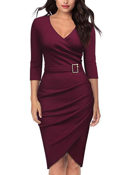 Dress woman – Wrap model – Slim fit – V-neck – 3/4 sleeves – Knee length