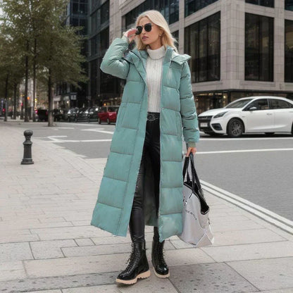 Women’s Puffer Coat - Woven Blend - Quilted - Maxi Length - High Collar With Hood