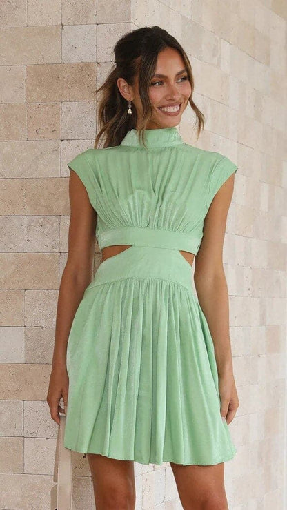 Dress for Women – Midi Fit & Flare – High Neck – Short Sleeves – Cut-Out Details