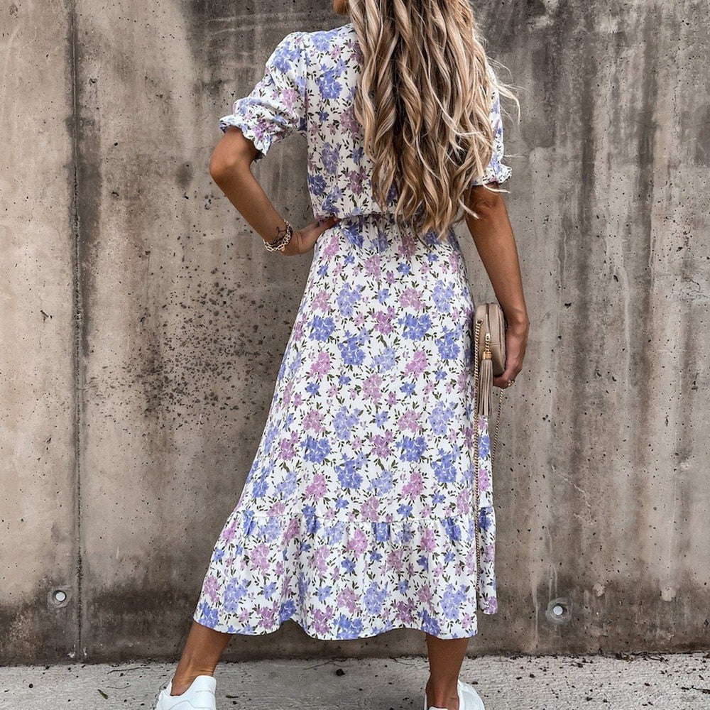 Women's Midi Dress - V-neck - Short Puff Sleeves - Fitted Waist - Floral Print