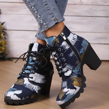 Women's Ankle Boots - Patterned Textile - Lacing - Block Heel - Chunky Sole