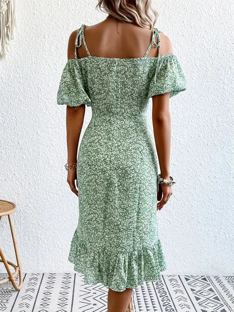 Dress for Women – Off-Shoulder – Puff Sleeve – Ruffle Details – Wrap Design
