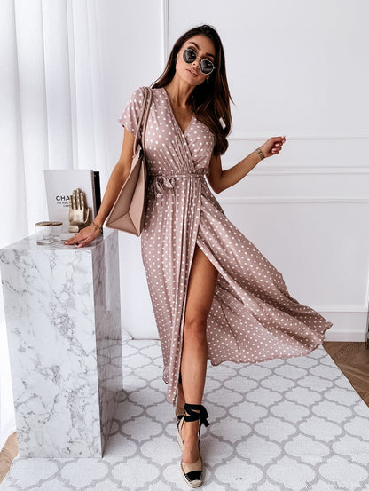 Women's Maxi Dress – V-neck – Polka Dot Pattern – Relaxed Fit with Waistband