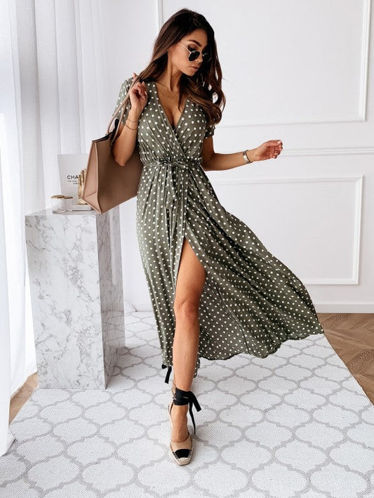 Women's Maxi Dress – V-neck – Polka Dot Pattern – Relaxed Fit with Waistband