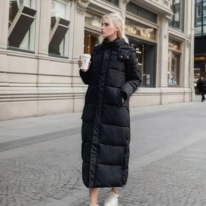 Women’s Puffer Coat - Woven Blend - Quilted - Maxi Length - High Collar With Hood