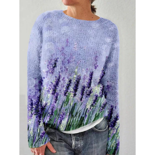 Women's Sweater – Soft Knit – Floral Pattern – Round Neck – Long-Sleeved Relaxed Fit