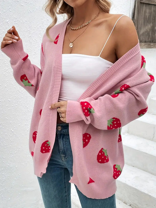 Women's Cardigan – Oversized Fit – Knitted Texture – Hip Length – Playful Pattern