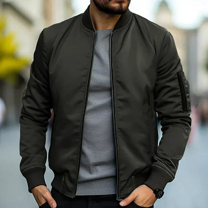 Men's Bomber Jacket – Classic Fit – Windproof Fabric – Zipper Pocket – Ribbed Details