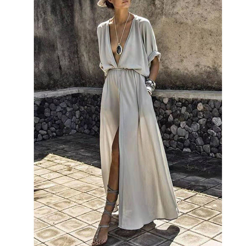 Dress woman maxi – relaxed fit – deep v-neck – mid-length – front slit