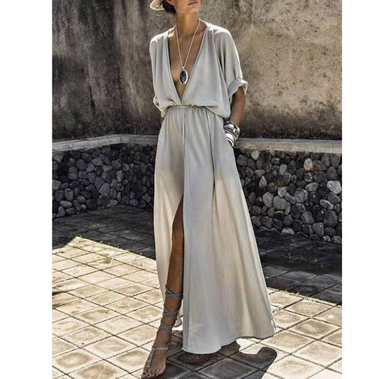 Dress woman maxi – relaxed fit – deep v-neck – mid-length – front slit