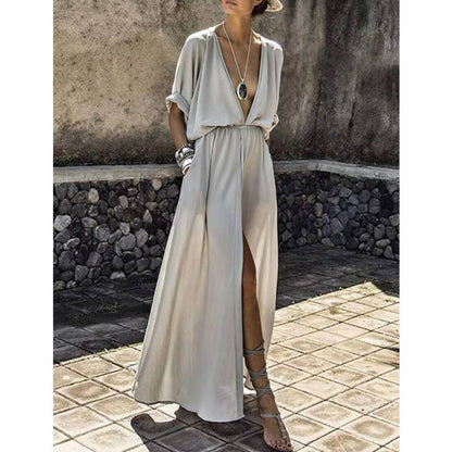 Dress woman maxi – relaxed fit – deep v-neck – mid-length – front slit