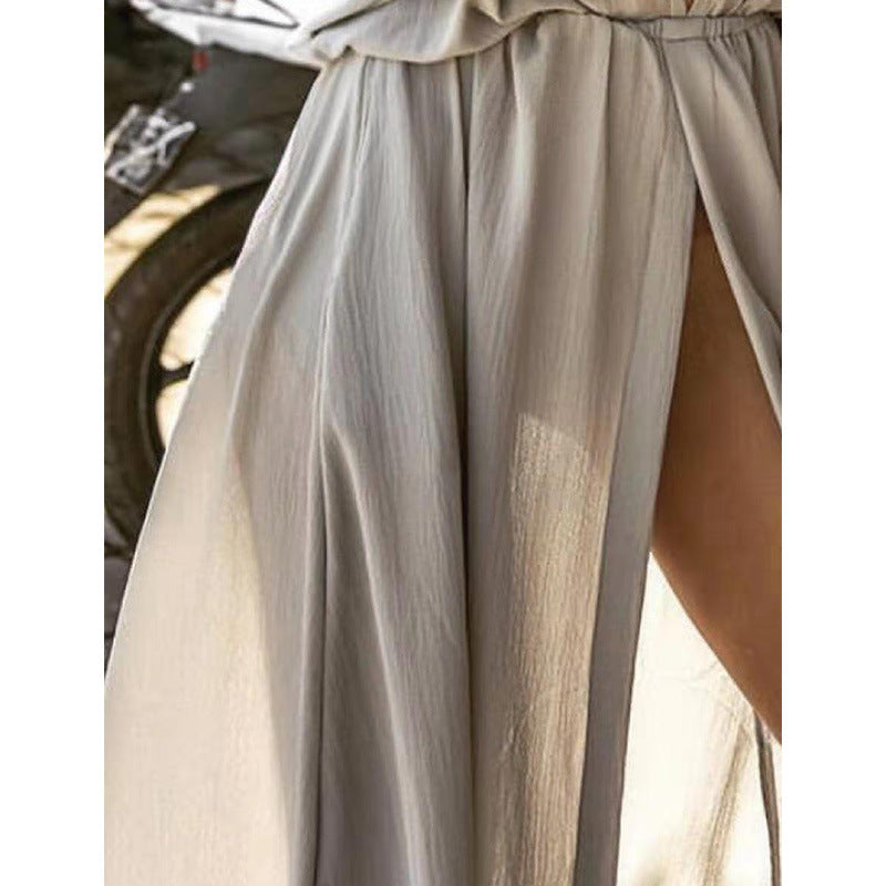 Dress woman maxi – relaxed fit – deep v-neck – mid-length – front slit