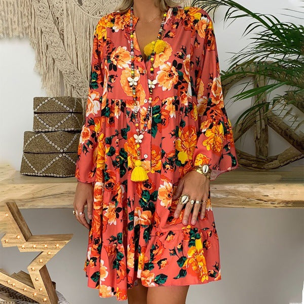 Loose Shirt Dress for Women - Lively Floral Design