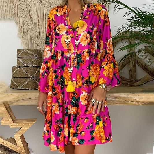Loose Shirt Dress for Women - Lively Floral Design