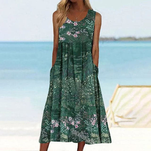 Women's Summer Dress - Sleeveless Cotton - Relaxed Fit - Floral Print with Pockets