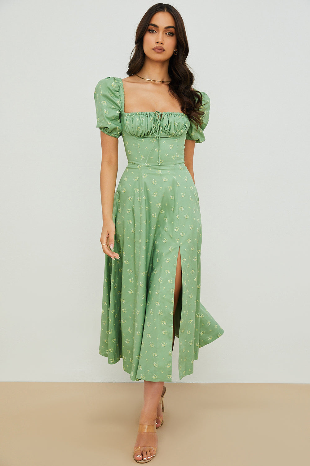 Dress woman – Midi length – Cotton blend – Puff sleeves – Ruched bodice – Slit