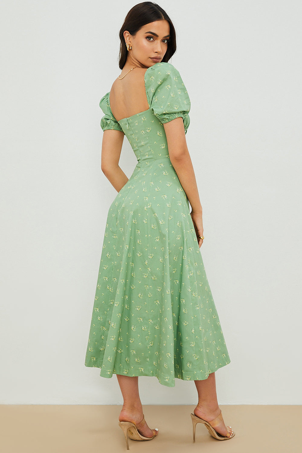 Dress woman – Midi length – Cotton blend – Puff sleeves – Ruched bodice – Slit