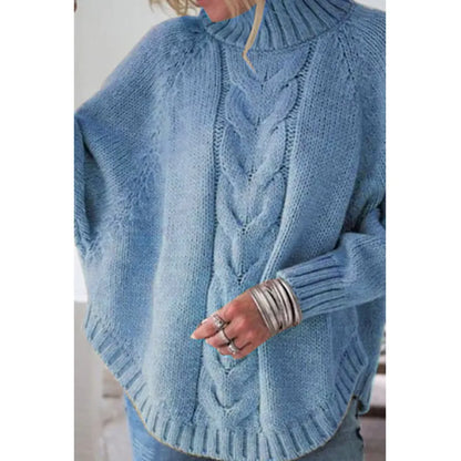 Women's Knitted Sweater - Cable Knit Poncho Design - High Neck - Oversized Fit