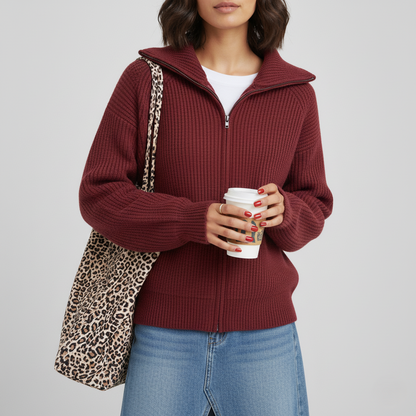 Women's Cardigan – Fitted Fit – Ribbed Knit Wool – High Collar – Zipper Closure