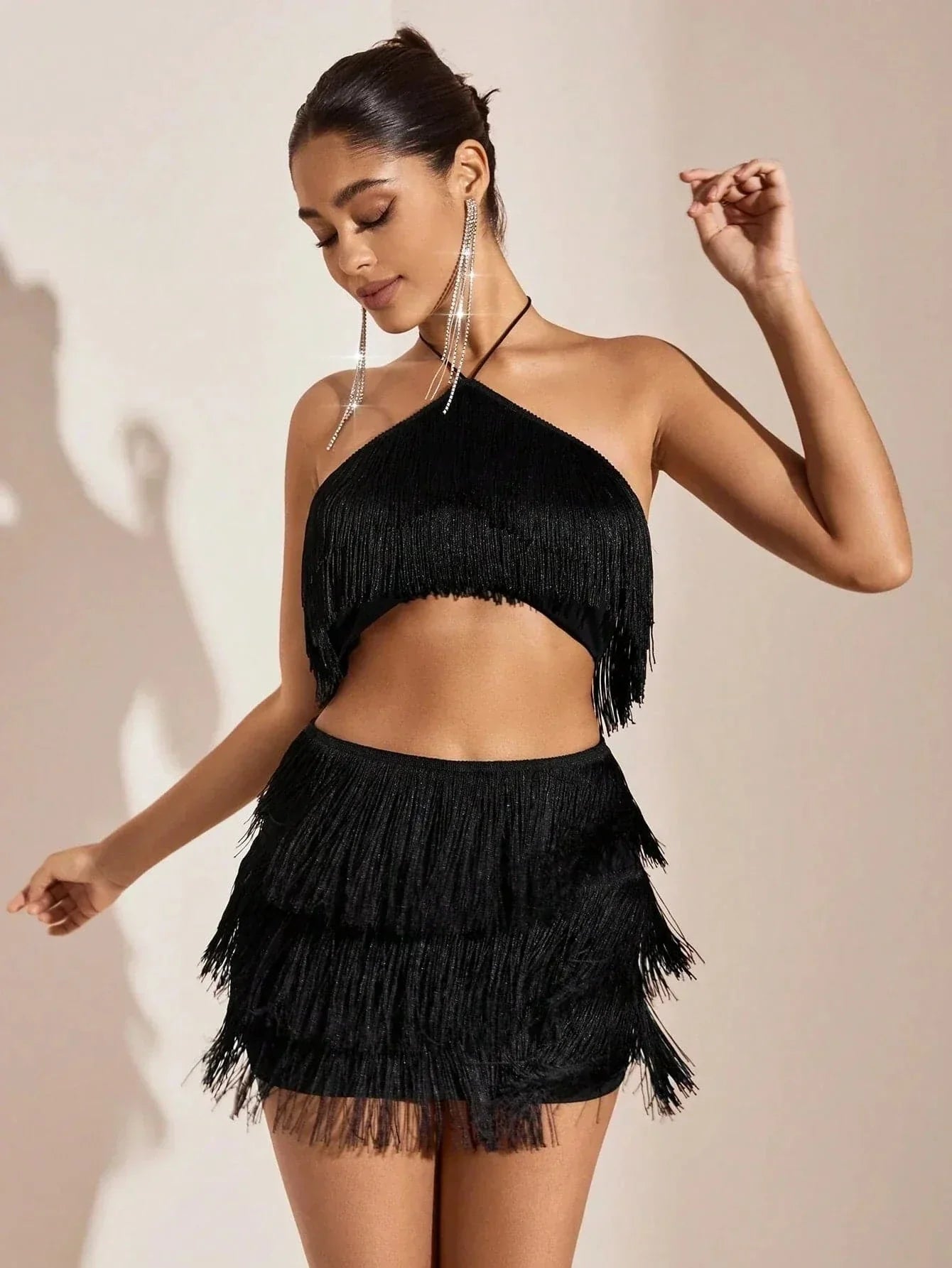 Women's Set – Fringed Halterneck Top & A-line Mini Skirt – Perfect for Party