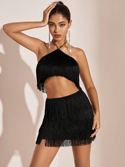 Women's Set – Fringed Halterneck Top & A-line Mini Skirt – Perfect for Party