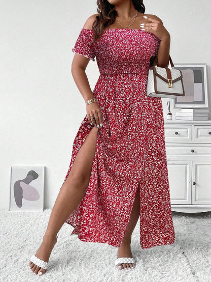 Women's Maxi Dress – Smocked Bodice – Off-Shoulder – High Slit – Elegant and Airy