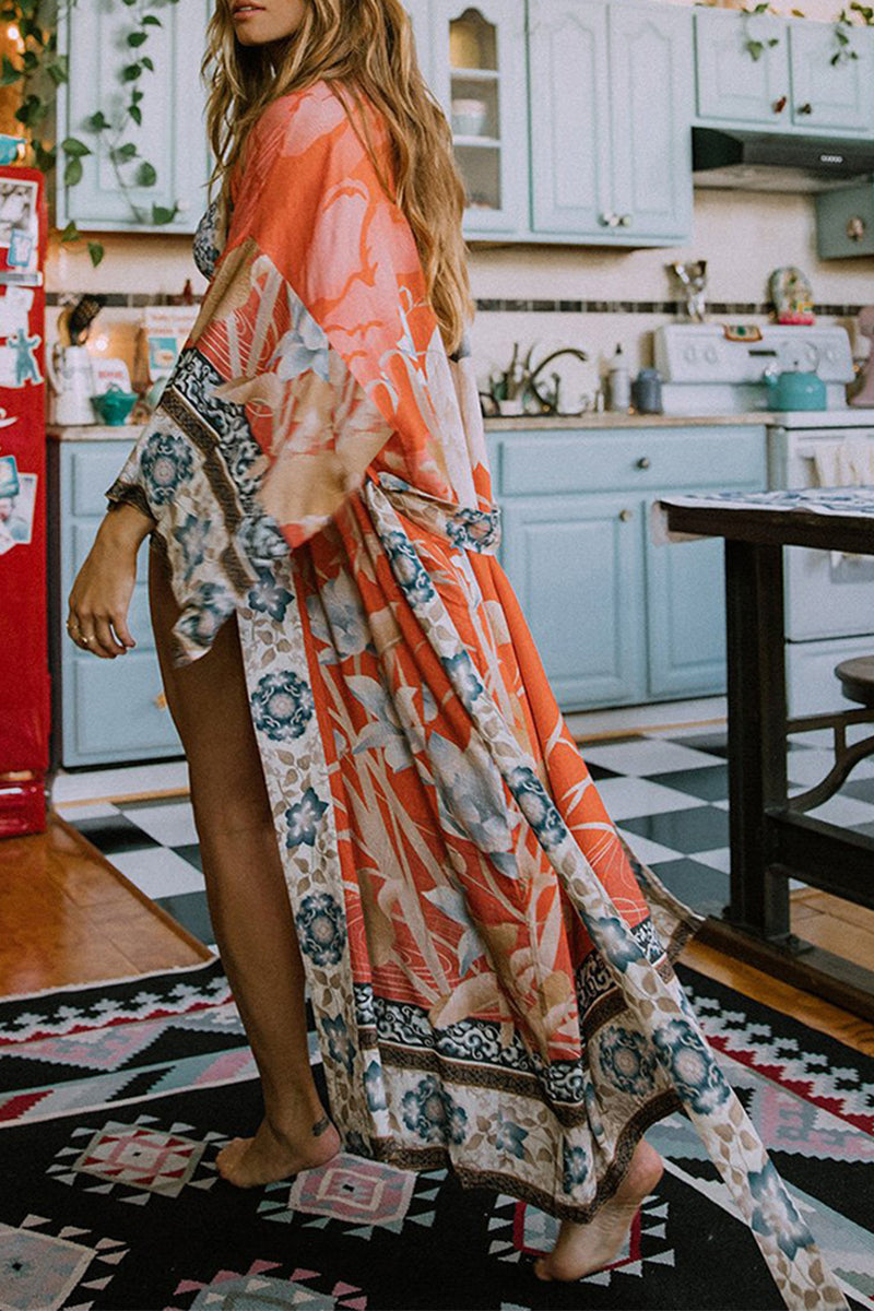 Women's Kimono Cover-Up – Relaxed Fit – Breathable Fabric – Floral Print – Waist Belt