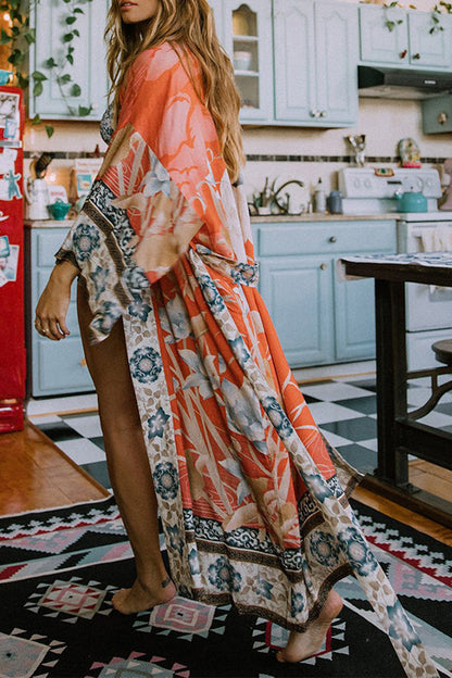 Women's Kimono Cover-Up – Relaxed Fit – Breathable Fabric – Floral Print – Waist Belt