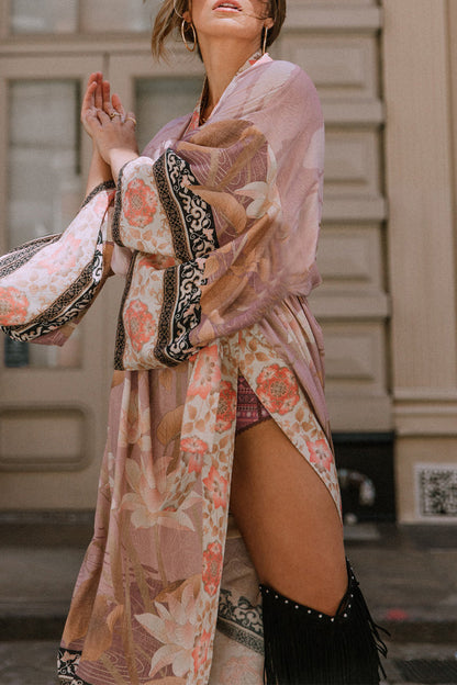 Women's Kimono Cover-Up – Relaxed Fit – Breathable Fabric – Floral Print – Waist Belt