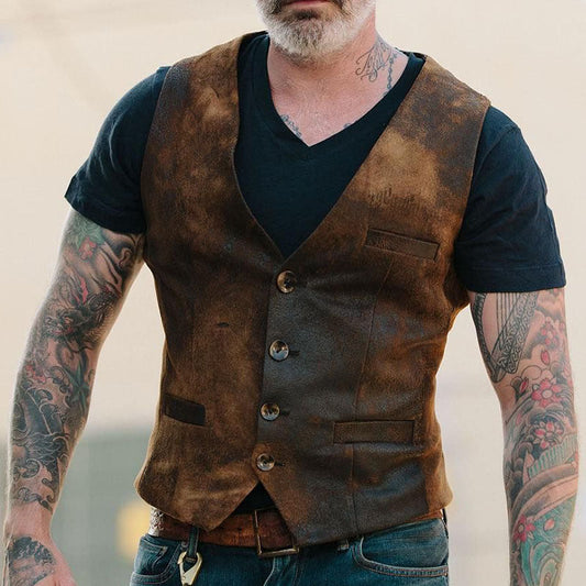 Men's Vest – Slim Fit – Worn Texture – Buttons – Relaxed Layered Style