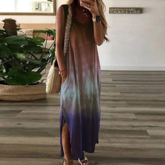 Dress woman maxi – Relaxed fit – Sleeveless – High slit – Gradient pattern – Cotton blend
