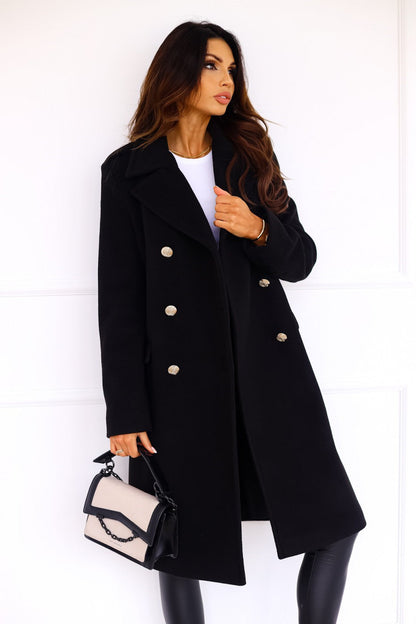 Women's Coat - Double-Breasted Wool Blend - Tailored Fit - Knee-Length with Side Pockets