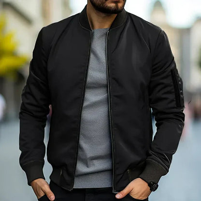 Men's Bomber Jacket – Classic Fit – Windproof Fabric – Zipper Pocket – Ribbed Details
