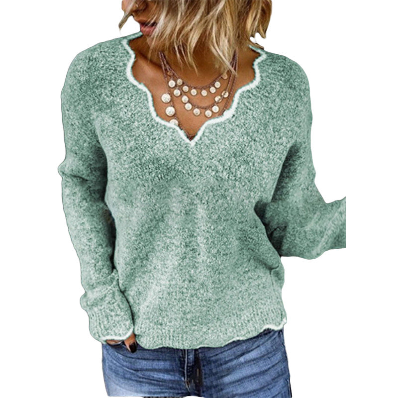 Women's Sweater – Wool Knit – Relaxed Fit – Wavy Neckline – Soft Everyday Style