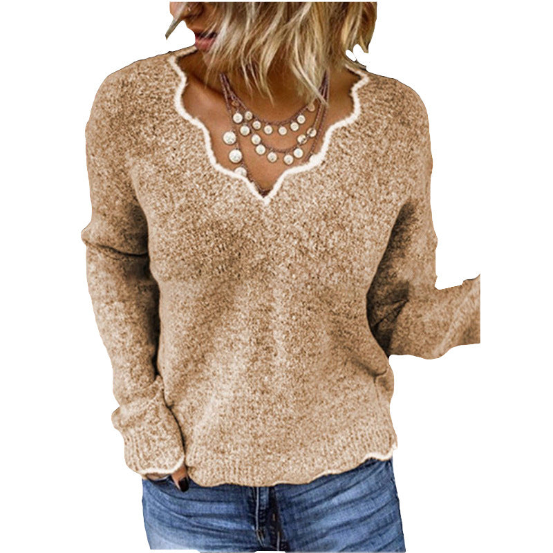 Women's Sweater – Wool Knit – Relaxed Fit – Wavy Neckline – Soft Everyday Style