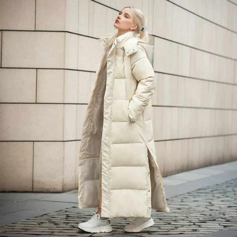 Women’s Puffer Coat - Woven Blend - Quilted - Maxi Length - High Collar With Hood