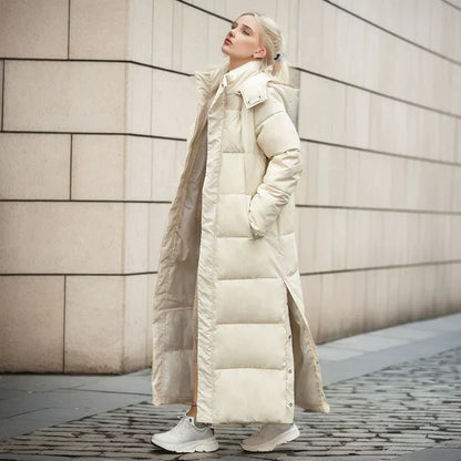 Women’s Puffer Coat - Woven Blend - Quilted - Maxi Length - High Collar With Hood