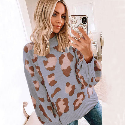 Women's Sweater – Oversized Fit – Wool Blend – Round Neck – Leopard Pattern