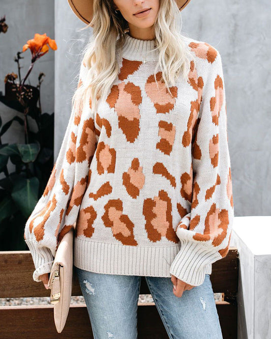 Women's Sweater – Oversized Fit – Wool Blend – Round Neck – Leopard Pattern
